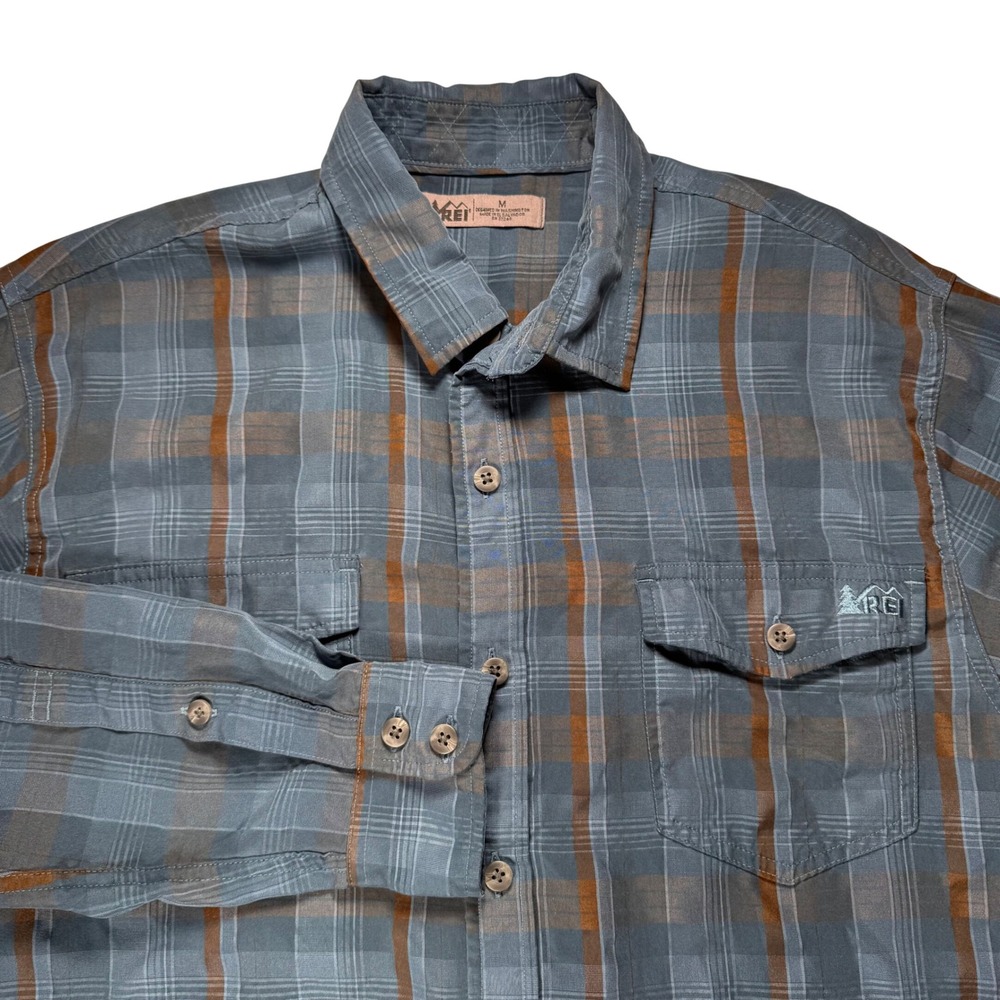 REI Men Plaid Long Sleeve Button Up Shirt‎ Blue Brown Outdoor Hiking Medium